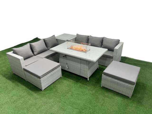 Rackhams 8 Seat PE Rattan Lounge Sofa Set Outdoor Garden Furniture Set with Fire Pit Dining Table 3 Seater Sofa 2 Stools Side Table Light Grey - image 1