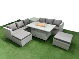 Rackhams 8 Seat PE Rattan Lounge Sofa Set Outdoor Garden Furniture Set with Fire Pit Dining Table 3 Seater Sofa 2 Stools Side Table Light Grey
