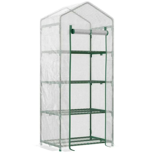 Rackhams 4 Tier Mini Greenhouse, Portable Compact Green House with Steel Frame, PE Cover, Roll-up Door, 70 x 50 x 160 cm, White - image 1