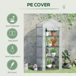 Rackhams 4 Tier Mini Greenhouse, Portable Compact Green House with Steel Frame, PE Cover, Roll-up Door, 70 x 50 x 160 cm, White - thumbnail 4