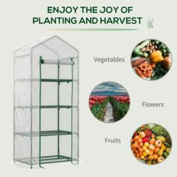 Rackhams 4 Tier Mini Greenhouse, Portable Compact Green House with Steel Frame, PE Cover, Roll-up Door, 70 x 50 x 160 cm, White - thumbnail 6