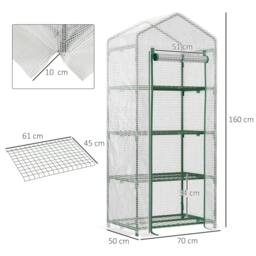 Rackhams 4 Tier Mini Greenhouse, Portable Compact Green House with Steel Frame, PE Cover, Roll-up Door, 70 x 50 x 160 cm, White - thumbnail 2