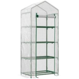 Rackhams 4 Tier Mini Greenhouse, Portable Compact Green House with Steel Frame, PE Cover, Roll-up Door, 70 x 50 x 160 cm, White - thumbnail 1