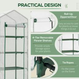 Rackhams 4 Tier Mini Greenhouse, Portable Compact Green House with Steel Frame, PE Cover, Roll-up Door, 70 x 50 x 160 cm, White - thumbnail 5