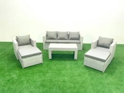 Rackhams Rattan Garden Furniture Set 7 Seater Outdoor Garden Sofa 2 Chairs Oblong Coffee Table Set with 2 Stools Light Grey Mixed - thumbnail 1