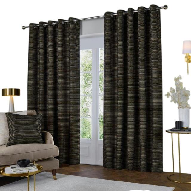 Rackhams Jupiter Chenille Eyelet Curtains - Black/Gold - 168cm x 183cm - Black/Gold - 100% Polyester - image 1
