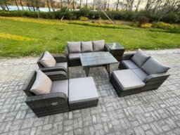 Rackhams Outdoor Rattan Garden Furniture Set 9 Seater Patio Lounge Sofa Set with Dining Table 2 Big Footstool Side Table Dark Grey Mixed - thumbnail 1
