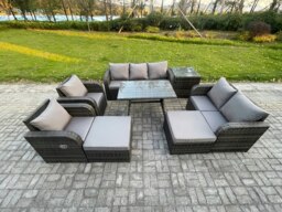 Rackhams Outdoor Rattan Garden Furniture Set 9 Seater Patio Lounge Sofa Set with Dining Table 2 Big Footstool Side Table Dark Grey Mixed - thumbnail 2