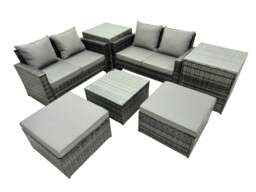 Rackhams PE Rattan Garden Furniture Set Lounge Double Seat Sofa Coffee Table Set with 2 Side Tables 2 Big Stools Dark Grey Mixed - thumbnail 1