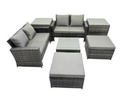 Rackhams PE Rattan Garden Furniture Set Lounge Double Seat Sofa Coffee Table Set with 2 Side Tables 2 Big Stools Dark Grey Mixed - thumbnail 2
