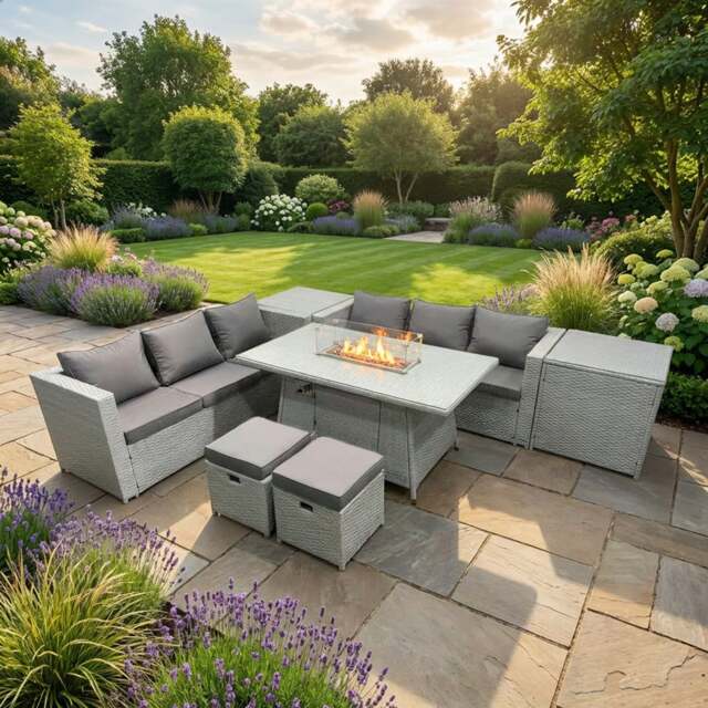 Rackhams 8 Seater Rattan Outdoor Garden Furniture Set with Fire Pit Dining Table, Corner Sofa, 2 Side Tables, 2 Footstools - Light Grey - image 1