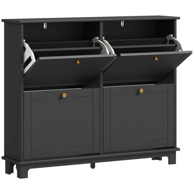 Rackhams Narrow Shoe Storage Cabinet, Slim Shoe Cabinet with 4 Flip Drawers, Adjustable Shelves for 16 Pairs of Shoes, Black