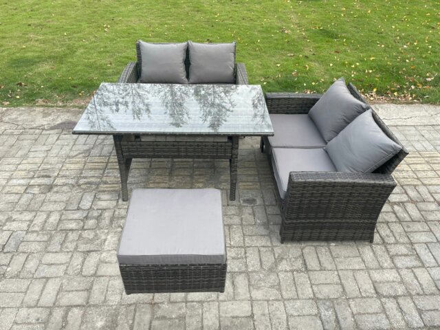 Rackhams Dark Grey PE Wicker Rattan Garden Furniture Set Love Sofa Outdoor Rectangular Dining Table Big Footstool - image 1