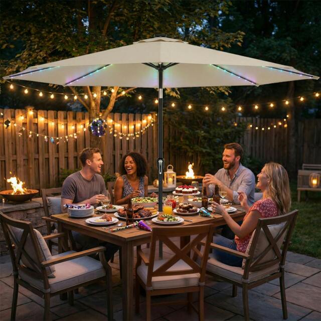 Rackhams 3 m Garden Parasol Umbrella with LED Lights, Patio Umbrella - Beige - 295 x 295 x 245 cm - image 1