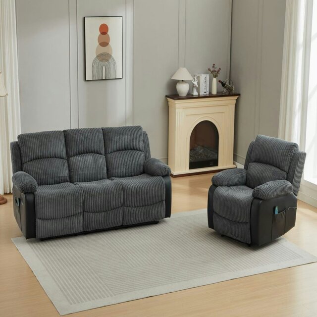 Rackhams Massage Recliner Sofa, Corduroy Fabric Electric Massage Couches Suit with 8 Point Vibration Massage, Manual Recliner - 3+1 Seater Sofa Set - image 1