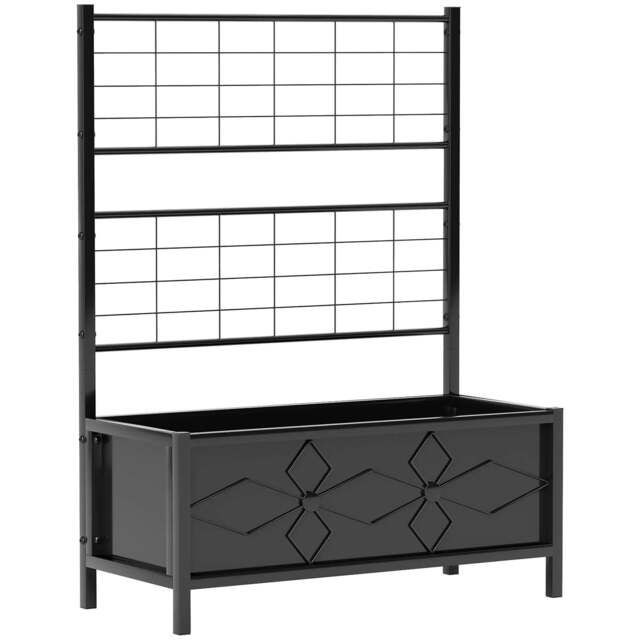 Rackhams Raised Bed for Garden with Trellis, Galvanised Planter Box with Diamond Pattern, Drainage Holes for Vegetables, 90 x 40 x 120 cm, Black