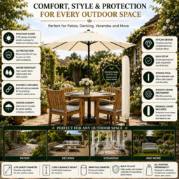 Rackhams Garden Parasol Table Umbrella 2.7M with Crank Handle UV40 Protection Free Protection Cover Robust Steel Cream - thumbnail 3