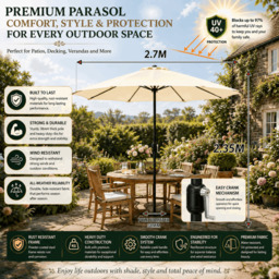 Rackhams Garden Parasol Table Umbrella 2.7M with Crank Handle UV40 Protection Free Protection Cover Robust Steel Cream - thumbnail 2