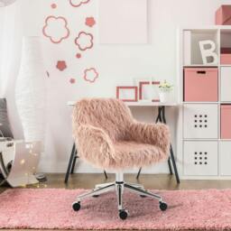 Rackhams Faux Fur Home Office Chair, Vanity Chair w/ Adjustable Height, Pink - Yes - Desk Chair - 57W x 60D x 75-85H cm