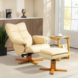 Rackhams Recliner Chair and Footstool PU Leather Wooden Base, Beige - Light grey - Bentwood - Light grey - thumbnail 4