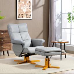Rackhams Recliner Chair and Footstool PU Leather Wooden Base, Beige - Light grey