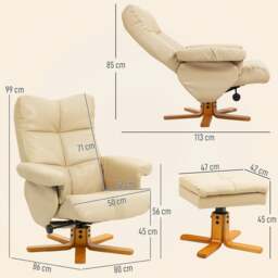 Rackhams Recliner Chair and Footstool PU Leather Wooden Base, Beige - Light grey - Bentwood - Light grey - thumbnail 3