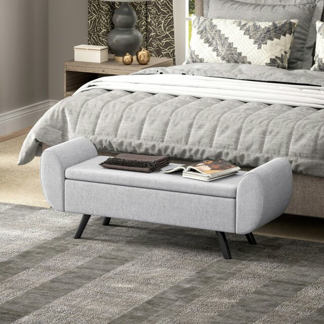 Rackhams Storage Ottoman with Armrest, Upholstered Linen Storage Bench - Light Grey - 1 - Storage Ottoman - image 1