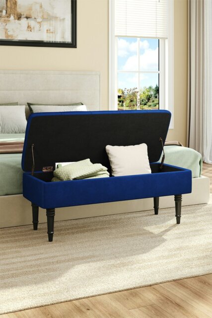 Rackhams Blue Buttoned Tufted Velvet Storage Ottoman Bench with Rubberwood Legs Luxury Bed End Stool - Dark Blue - image 1