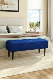 Rackhams Blue Buttoned Tufted Velvet Storage Ottoman Bench with Rubberwood Legs Luxury Bed End Stool - Dark Blue - thumbnail 2