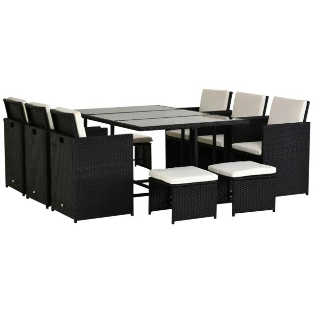 Rackhams Rattan Dining Set Garden Furniture Patio set 11 PC with Cushion Black /Milk White - image 1
