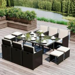 Rackhams Rattan Dining Set Garden Furniture Patio set 11 PC with Cushion Black /Milk White - thumbnail 2