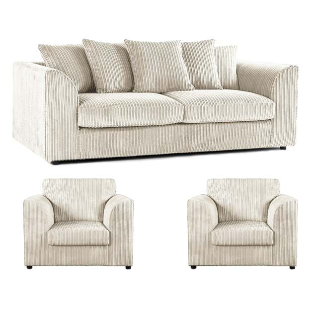 Rackhams Luxor Full Jumbo Cord 3 Seater and 2 x Armchairs - Scatter Back - Cream - image 1
