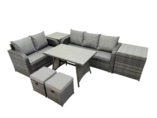 Rackhams Garden Rattan Outdoor Furniture Set 7 Seater with Love Sofa 3 Seater Sofa 2 Side Table 2 Small Stools Dark Grey - image 1