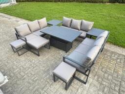 Rackhams 12 Seater Aluminum Outdoor Garden Furniture Set with Adjustable Rising Dining Table, 3 Sofas, 3 Footstools, 2 Side Tables - Grey - thumbnail 2