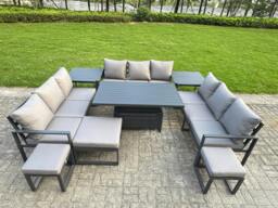 Rackhams 12 Seater Aluminum Outdoor Garden Furniture Set with Adjustable Rising Dining Table, 3 Sofas, 3 Footstools, 2 Side Tables - Grey - thumbnail 1