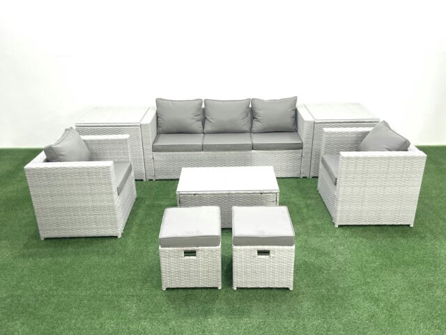 Rackhams 7 Seater Rattan Garden Furniture Set with 3 Seater Sofa 2 Chair Rectangular Coffee Table 2 Small Footstools 2 Side Tables Light Grey Mixed - image 1