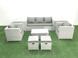 Rackhams 7 Seater Rattan Garden Furniture Set with 3 Seater Sofa 2 Chair Rectangular Coffee Table 2 Small Footstools 2 Side Tables Light Grey Mixed - thumbnail 1