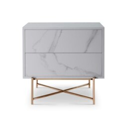 Rackhams Adriana Bedside Chests - White Wood - White Ceramic Marble - Brushed Bronze