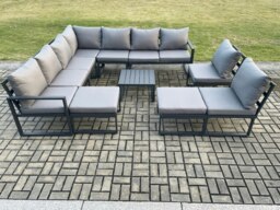 Rackhams 11 Seater Patio Outdoor Garden Furniture Aluminium Lounge Corner Sofa Set with Square Coffee Table with 2 Big Footstools Dark Grey - thumbnail 2