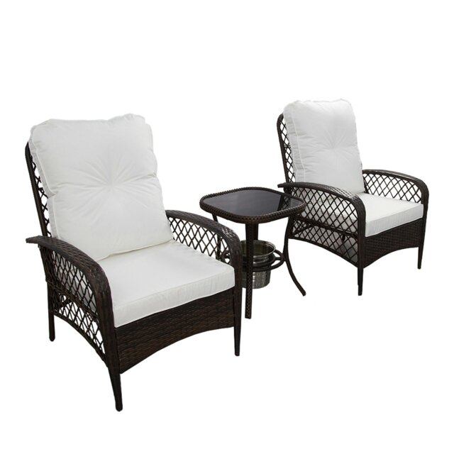 Rackhams 3 PCS Garden Furniture Set, Wicker Conversation Bistro Set with Glass Table with Ice Bucket - Armchair - image 1