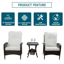 Rackhams 3 PCS Garden Furniture Set, Wicker Conversation Bistro Set with Glass Table with Ice Bucket - Armchair - thumbnail 5
