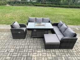 Rackhams Rattan Outdoor Furniture Gas Fire Pit Rectangle Dining Table Gas Heater Reclining Chair 3 Seater Sofa Sets with Big Footstool 8 Seater - thumbnail 2