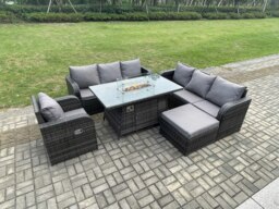 Rackhams Rattan Outdoor Furniture Gas Fire Pit Rectangle Dining Table Gas Heater Reclining Chair 3 Seater Sofa Sets with Big Footstool 8 Seater