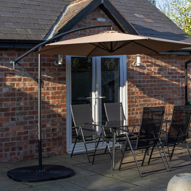 Rackhams Outdoor 4 Person Rectangular Glass Top Garden Dining Table Chairs With Beige Banana Parasol and Base - Outdoor Furniture Sets - image 1