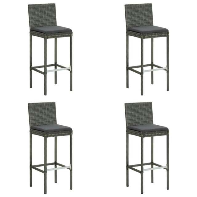 Rackhams Garden Bar Stools with Cushions 4 pcs Grey Poly Rattan - Grey - Poly rattan, powder coated steel, fabric (100% polyester)