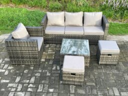 Rackhams 5 PCS Outdoor Lounge Sofa Set Wicker PE Rattan Garden Furniture Set with Armchair Square Coffee Table 2 Small Footstools Dark Grey Mixed - thumbnail 2