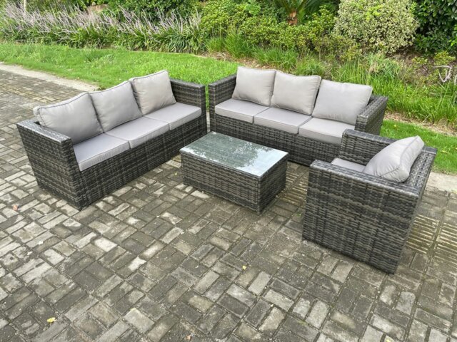 Rackhams 7 Seater Rattan Garden Furniture Set Indoor Outdoor Patio Sofa Set with Oblong Coffee Table Armchair Dark Grey Mixed - image 1