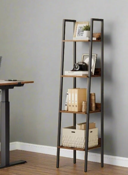 Rackhams Industrial 4-Tier Ladder Shelf, Rustic Brown & Black Bookcase for Living Room or Office - image 1