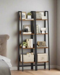 Rackhams Industrial 4-Tier Ladder Shelf, Rustic Brown & Black Bookcase for Living Room or Office - thumbnail 2