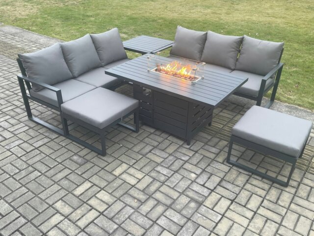 Rackhams Aluminium Outdoor Lounge Sofa Garden Furniture Sets Gas Fire Pit Dining Table Set with 2 Big Footstools Side Table Dark Grey - image 1